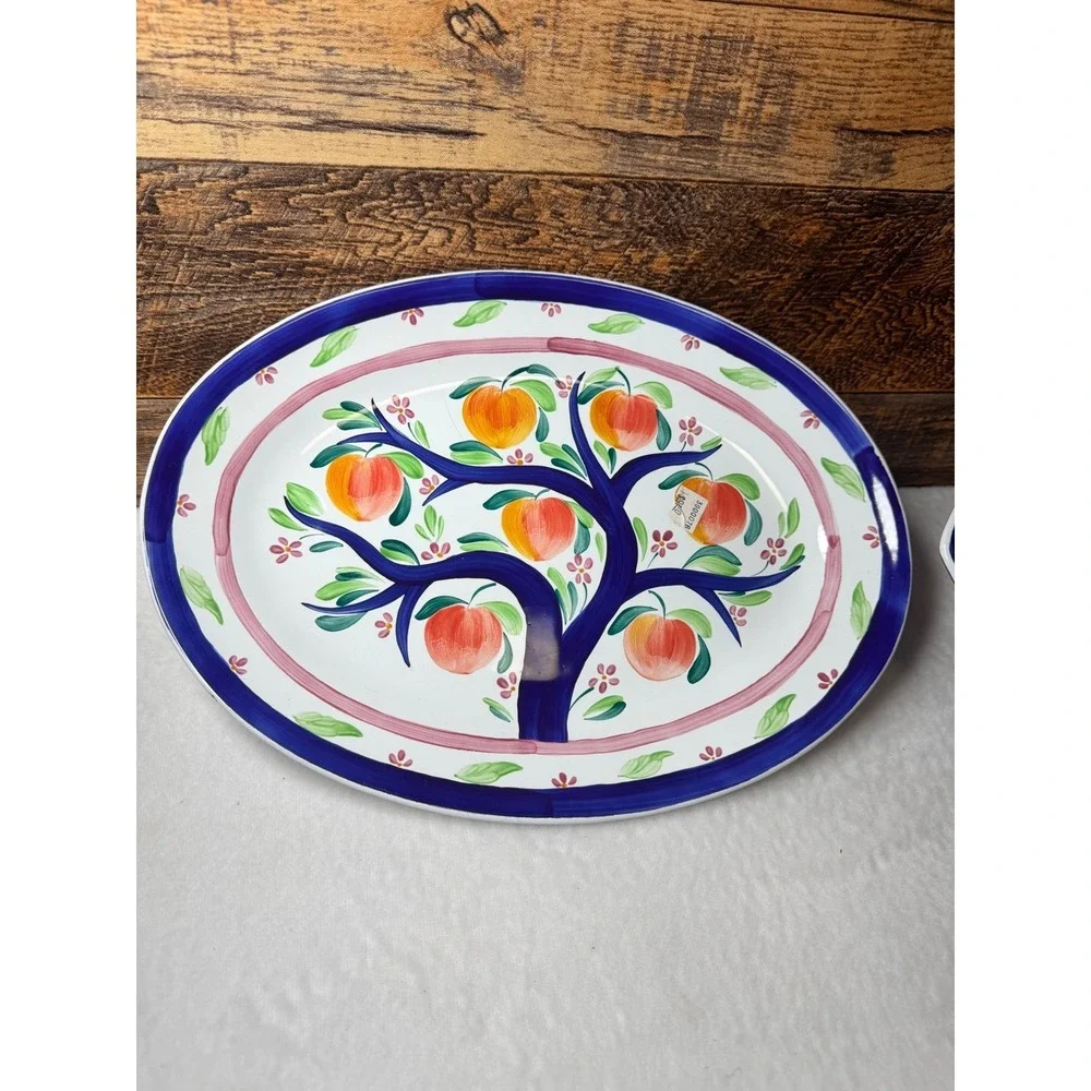 Herend Village Pottery Peach Tree Platter & Triangle Bowl Set Blue Pink‎